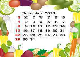 December - monthly calendar 2013 in frame with vegetables