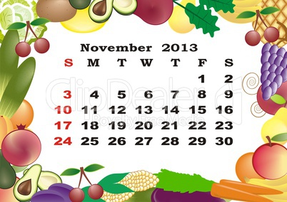 November - monthly calendar 2013 in frame with fruits and vegetables