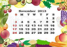 November - monthly calendar 2013 in frame with fruits and vegetables