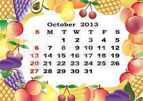 October - monthly calendar 2013 in frame with fruits