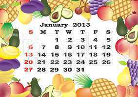January - monthly calendar 2013 in frame with fruits