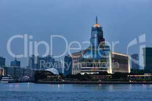 Shanghai skyscrapers at evening near water