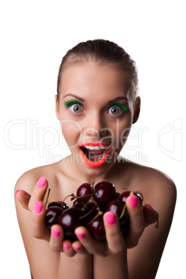 Smile woman offer your taste ripe cherry