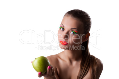 Pretty woman offer green apple with uv make-up