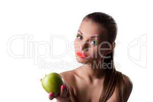 Pretty woman offer green apple with uv make-up