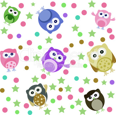 Bright background with cute owls, stars, circles. Seamless vector pattern