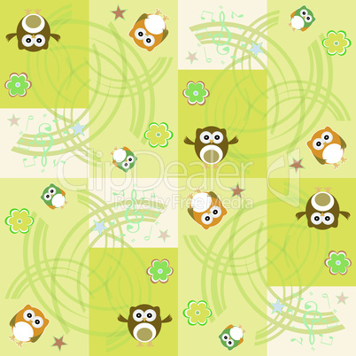 Seamless flowers and owl pattern background in vector