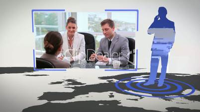 Videos of business people next to a map with Earth image courtesy of Nasa.org