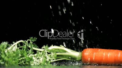 Raindrops in super slow motion falling on a carrot