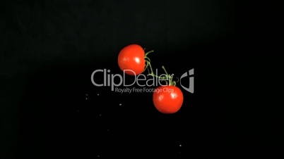 Attached tomatoes falling in super slow motion