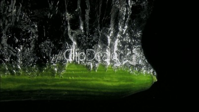 Tasty cucumber in super slow motion falling in the water
