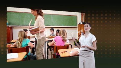 Woman showing videos of classroom