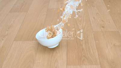 Bowl of cereals in super slow motion falling