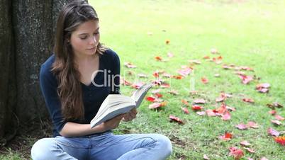 Woman reading a book in a park