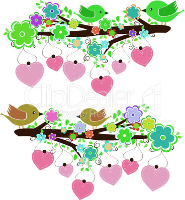 The bird sings sitting on tree branch with love heart. vector