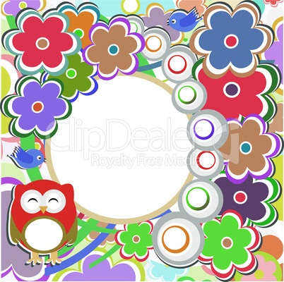 Background with flowers and cute owl - holiday vector card