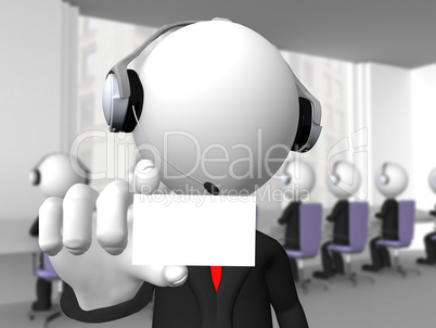 Call center operator with headphones and microphone showing a bl