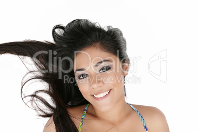 beauty portrait of young brunette woman with hair style laying d