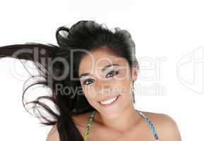 beauty portrait of young brunette woman with hair style laying d