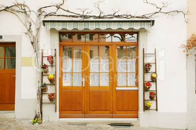 house door and huge flower jar, Lausanne, Switzerland