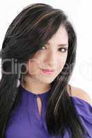 Pretty woman smiling against white background