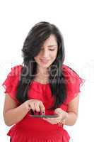 Young smiling business woman with tablet computer. Isolated on w