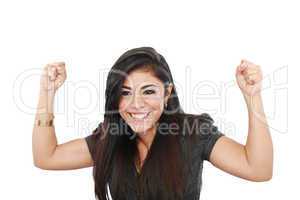 Portrait of a beautiful young woman celebrating success isolated