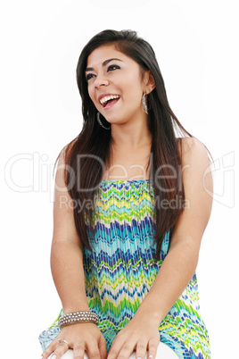 Happy woman laughing against white background