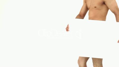 Naked man pointing at a white board