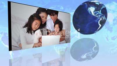 International families using internet with an Earth image courtesy of Nasa.org