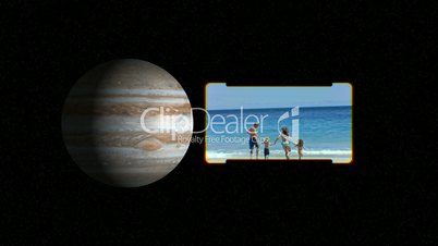 People on the beach with images of planets courtesy of Nasa.org