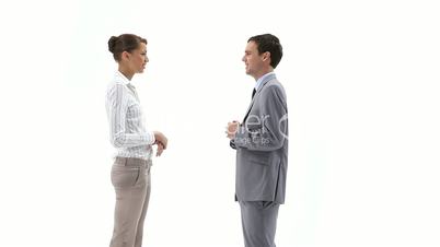 Two business people talking