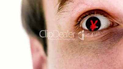 Man with yen symbol in his eye in slow motion