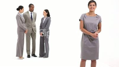 Business woman next to business team speaking