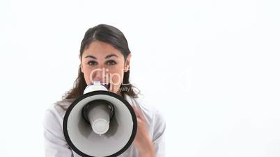 Classy woman talking into a megaphone