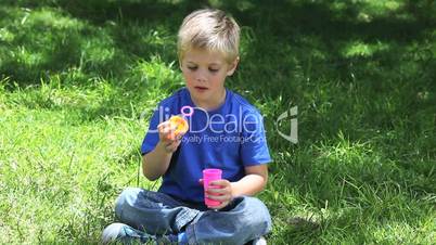 Boy playing with bubbles in a park