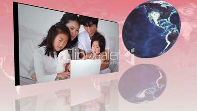 Families around the world using internet with an Earth image courtesy of Nasa.org