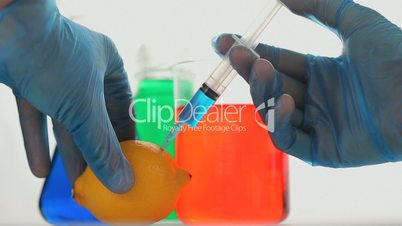 Chemist injecting a product in a lemon