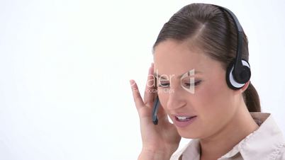 Woman talking into a headset