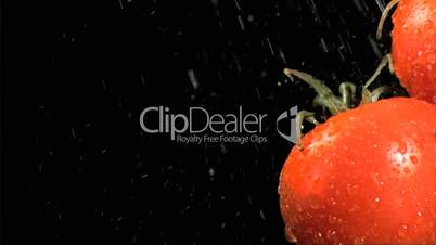 Water poured in super slow motion on tomatoes