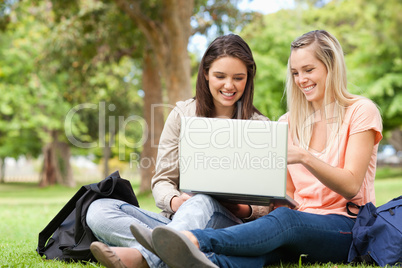 Laughing teenagers sitting while using a laptop