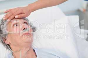 Nurse touching the forehead of a patient