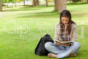 Teenager sitting while reading her textbook