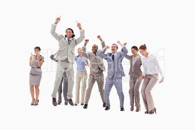 Very enthusiast business people jumping and raising their arms