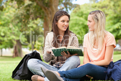 Female teenagers sitting while studying with a textbook