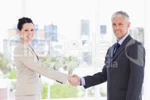 Smiling business people shaking hands while looking at the camer