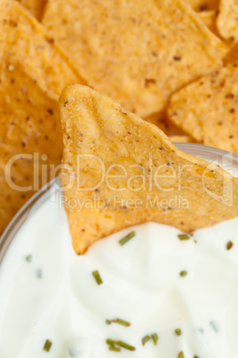 Close up of a bowl of white dip with herbs