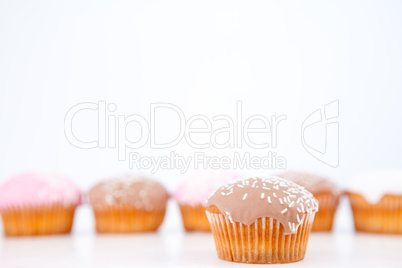 Muffins with icing sugar placed in line