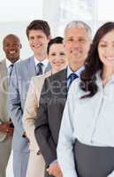 Young smiling employees which are laughing while following leade