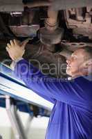 Mechanic repairing the below of a car with a spanner